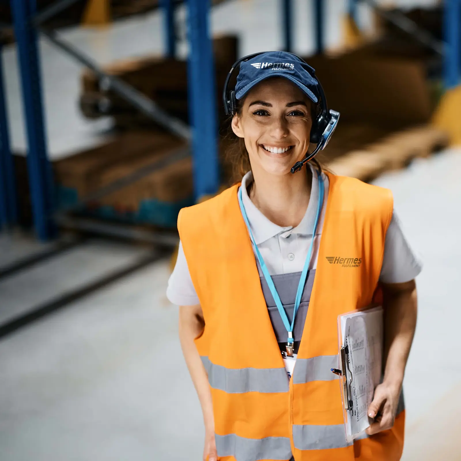 Eine lächelnde Frau mit Headset und orangefarbener Sicherheitsweste steht in einem Lagerhaus und hält ein Klemmbrett. Sie repräsentiert die effizienten Logistikdienstleistungen von Hermes Fulfilment, insbesondere die professionelle Lagerhaltung und Abwicklung von Retouren.